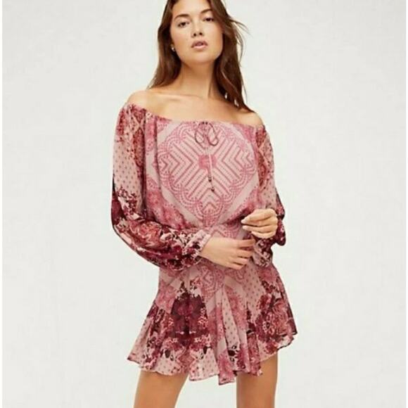Free People Seven Wonders Mini Dress Long Sleeve Dusty Rose Combo Large NWT - Picture 4 of 11